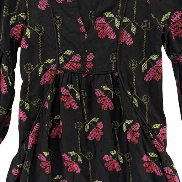 Dress To Tunic Top Womens Black Pink Floral Embroidered 3/4 Sleeve Sz PP 2-4 - Picture 9 of 9